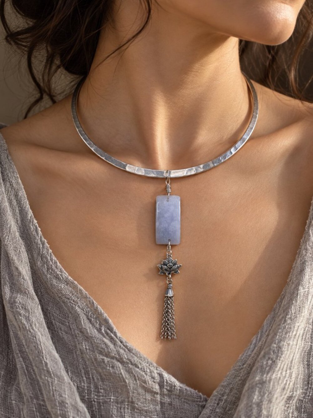 Bluish Gray Natural Jade Lotus Tassel Statement Necklace